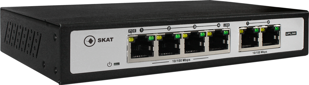 SKAT-PoE-4E-2E. Специализированный неуправляемый PoE коммутатор. Поддержка питания по технологии PoE (питание по Ethernet кабелю стандарт IEEE 802.3af/at) по 4 портам. 