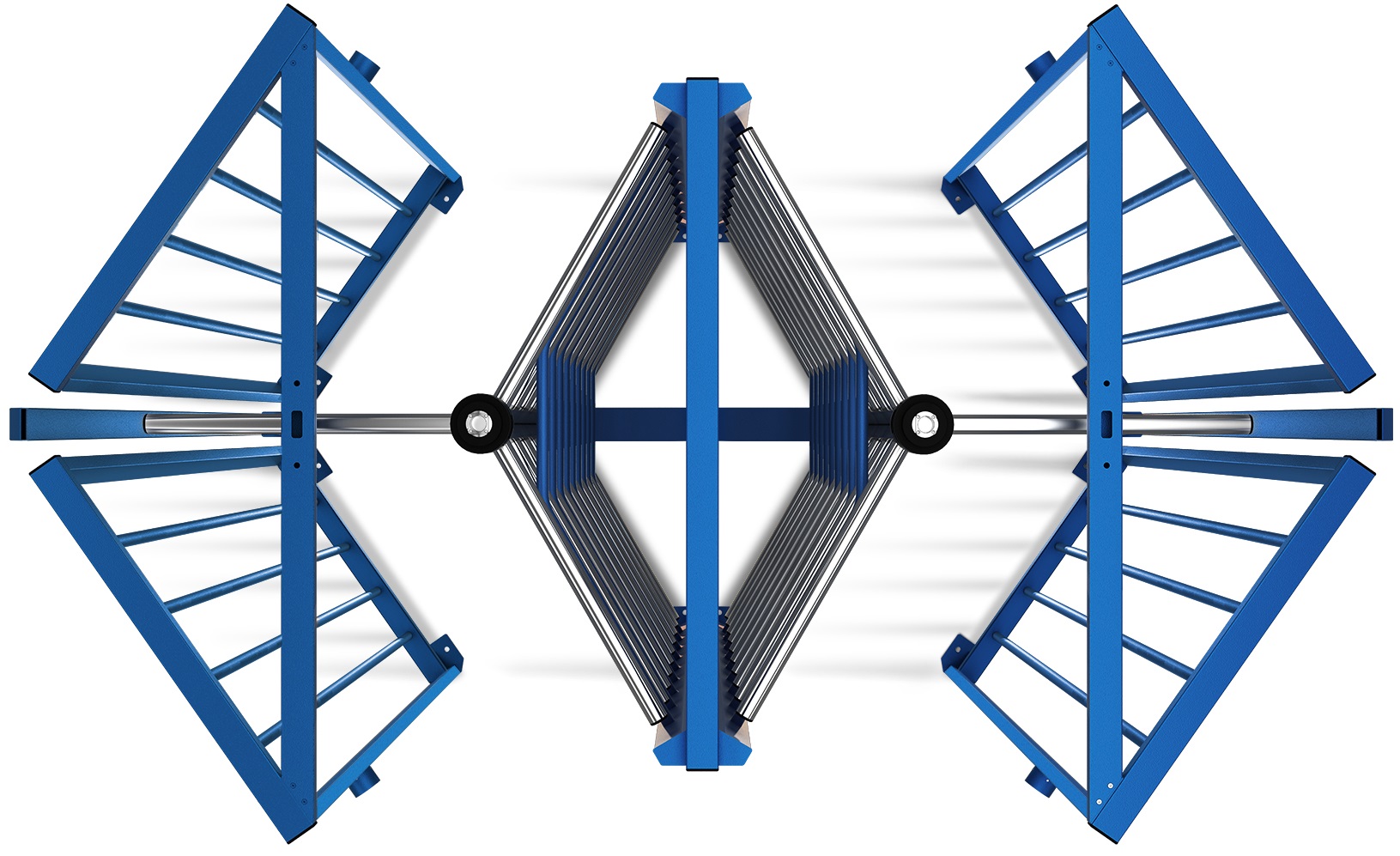 Сдвоенный полноростовый турникет с электромеханическим приводом. Для эксплуатации внутри помещений и на открытом воздухе.Исполнение: корпус оцинкованная сталь, синий цвет; ротор, планки нержавеющая сталь.
