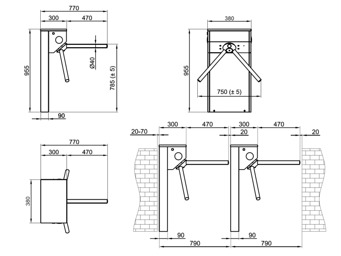 Турникет-трипод электромеханический STILE 110 с автоматической системой антипаники. Корпус и преграды из нержавеющей стали AISI 304.
