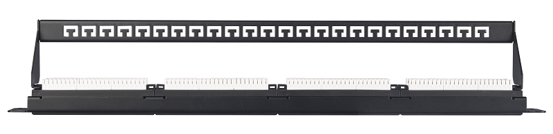 Коммутационная панель Essential Line 19", 1U, 24 порта, Кат.6 (Класс E), 250МГц, RJ45/8P8C, 110/KRONE, T568A/B, неэкранированная, с органайзером, черная