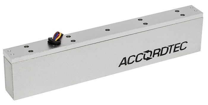 Электромагнитный замок, 12V/24V DC, 0,3 A, усилие 180 кг,  207x37x21 мм.  1130 г., офисный дизайн, планка в комплекте,  световая индикация, датчик Холла состояния замка (выход реле НО, НЗ), датчик положения двери (геркон). Темп.диапазон -40°С…+40°С