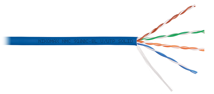 Кабель U/UTP 4 пары, Кат.5e (Класс D), тест по ISO/IEC, 100МГц, одножильный, BC (чистая медь), 24AWG (0,52мм), полимерный материал нг(А)-HF, внутренний, синий, 305м