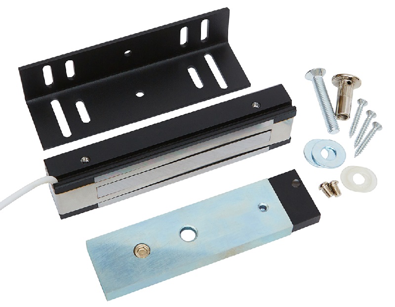 Электромагнитный замок. Усилие 200 кг. Цвет: серый, Поставляется с уголком, 11.5-14.5 В. 155х38х24 мм. -50°С … +50°С для установки внутри помещений, IP40, датчик положения двери, датчик состояния замка, световая индикация. Масса 1230 г.