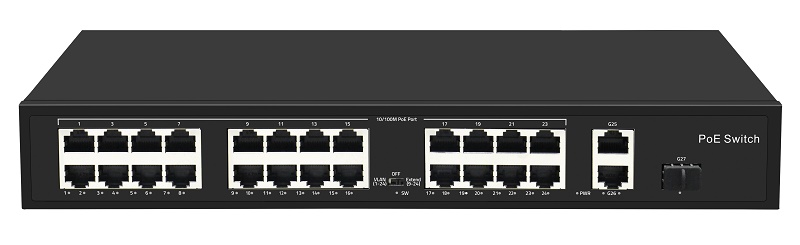 Неуправляемый коммутатор, 24 RJ-45 POE порта (10/100 Мбит/с), 2 RJ-45 Uplink порта (1000 Мбит/с), 1 SFP Uplink порт (1000 Мбит/с), бюджет на порт до 30 Вт, общий бюджет до 300 Вт.