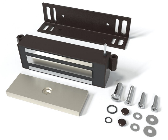 Замок электромагнитный для стальных дверей со стальной рамой, 9-15VDC, 7,2 Вт, усилие удержания 300кг, встроенный модуль перемагничивания, монтажный комплект, угольник 40х50х4мм. Корпус из стали. Цвета: коричневый шоколад