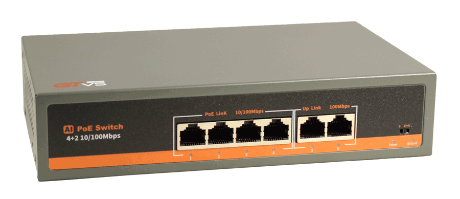 Коммутатор 4xPoE (802.3af/at) 10/100Мб+ 2хUplink, 10/100Мб, бюджет до 78Вт (PoE до 30Вт, 250м, End-Span 1(2)+/ 3(6)-), грозозащита 4кВ, AC220V