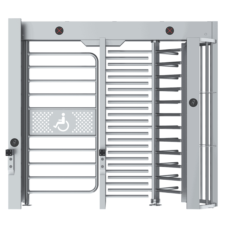 Полноростовой турникет серии СПЕКТР Z, Габариты: 2600*2044*2334мм (одна створка поворотная, вторая распашная), Материал: 304 Нержавеющая сталь, толщина 1.2/1.5мм, Время разблокировки: 0.2c, Пропускная способность: 35 чел/м, Ширина прохода: 1000+600мм (Инвалидная коляска + пешеход)