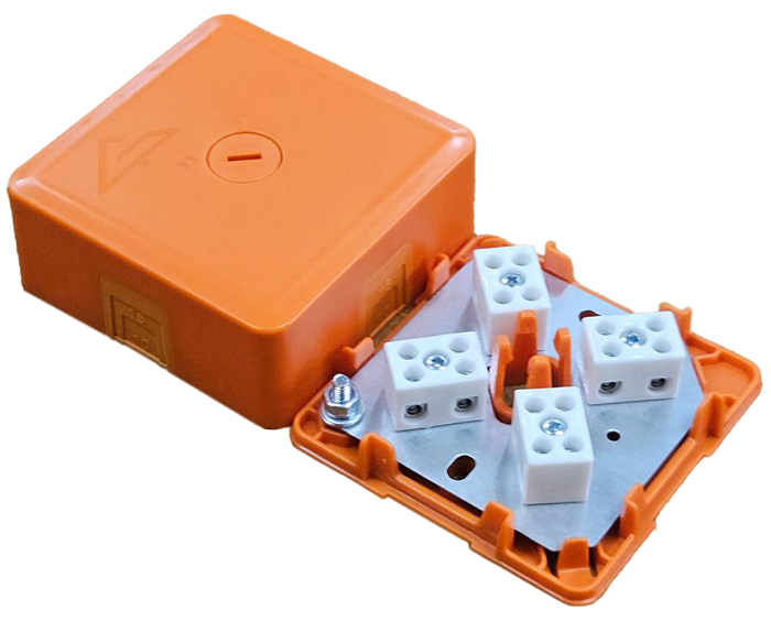 Коробка монтажная огнестойкая IP41, фарфоровый клеммник 8 контактов, до 3 мм кв., 75х75х30 мм, вводы вставки из эластичного материала, Оранжевая