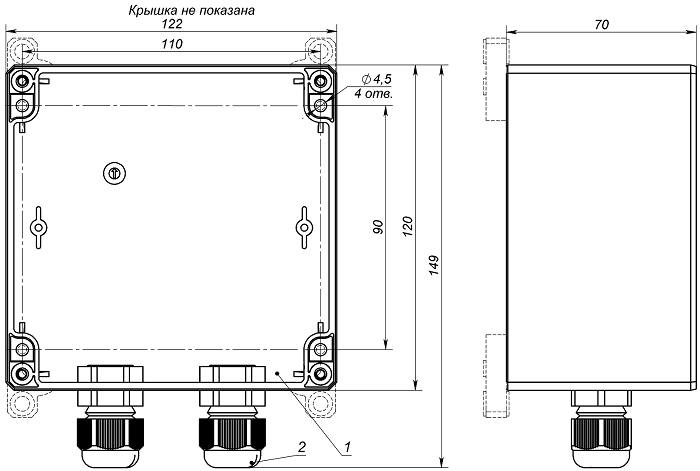 Коробка распределительная из ABS пластика для коммутации цепей питания и линий связи. Четыре гермоввода под кабель 6-10мм. -40°÷ +70°С. IP66/67. 122х120х86мм