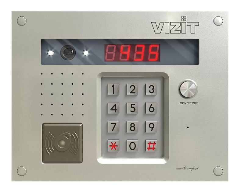 Блок вызова для совместной работы с БУД-430х, -482х,-485х. Встроенный считыватель ключей VIZIT-RF3 (поддержка RF7.). 4-х разрядный 7-сегментный LED индикатор.Встроенная телекамера (CVBS), объектив “Board”100°, подсветка для телекамеры белого свечения. Врезной монтаж.