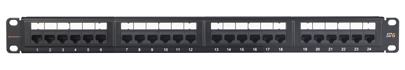 Коммутационная панель Essential Line 19", 1U, 24 порта, Кат.6 (Класс E), 250МГц, RJ45/8P8C, 110/KRONE, T568A/B, неэкранированная, с органайзером, черная