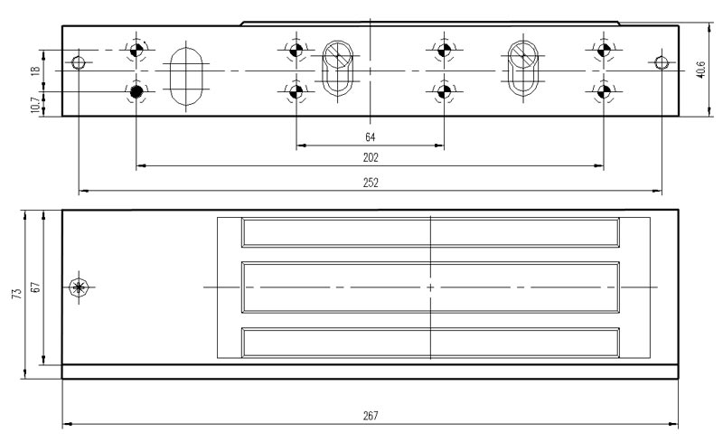 Электромагнитный замок, мониторинг, СИД, внутреннее исполнение, 12 VDC / 500мА или 24VDC / 250мА, усилие 500 кг, 266х73х40 мм