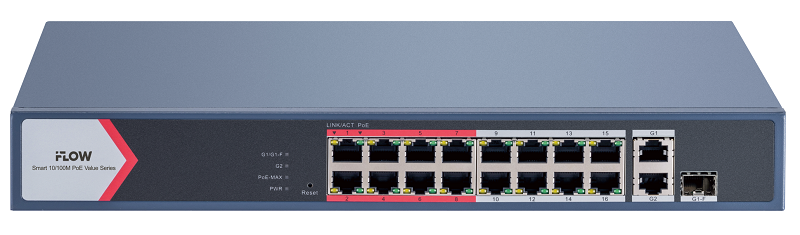 Коммутатор L2, Смарт-управляемый, 16 портов 10/100M RJ45 PoE, 1 uplink порт 1000М RJ45, 1 гигабитный комбо-порт, 802.3af/at, бюджет питания PoE 130 Вт, поддержка режима передачи до 300м,10Мб/с, CAT6; защита от перенапряжения 6 кВ; Поддержка унифицированного управления топологией, облачное управление, монтаж в стойку