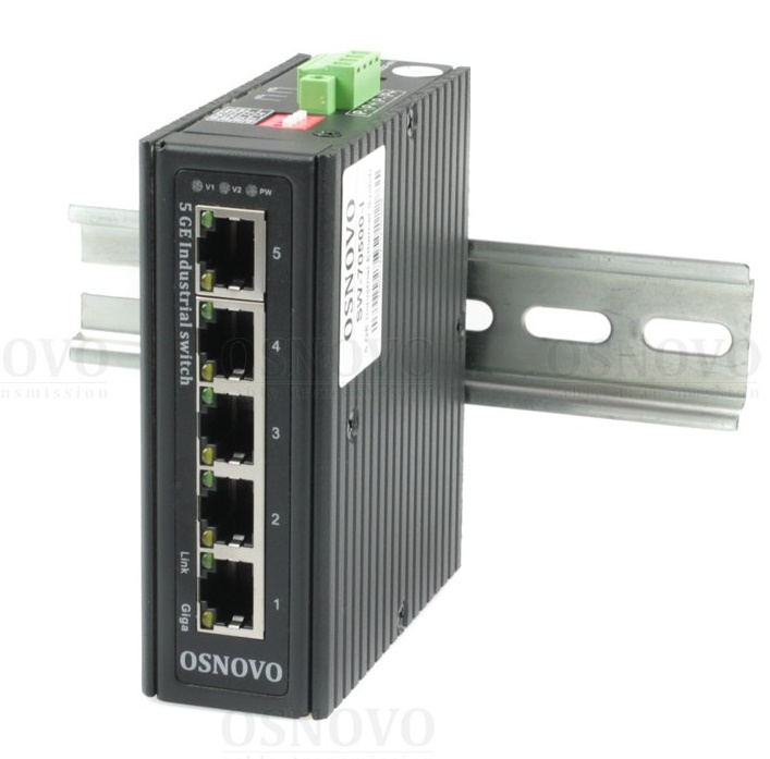 Промышленный коммутатор Gigabit Ethernet на 5GE RJ45 портов. Порты: 5 x GE (10/100/1000Base-T). Встроенная грозозащита 6кВ. Питание: 3 x входа DC9-57V(6W). БП в комплект НЕ входит. Монтаж на DIN-рейку или на стену (крепление в комплекте). Поддержка режима CCTV: Увеличение расстояния передачи данных до 250м, изоляция портов (VLAN).  37х108х90мм. Вес: 0,47кг.  -40…+80°С.