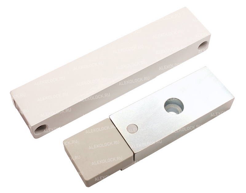 Электромагнитный замок с датчиком состояния двери (герконом), сила удержания 120-150кг, 12В/0,35А, 24В/0,17А, -20...+40 °C, IP54, корпус 151x33x19,5 мм, якорь 117х32,5х14,5 мм. Цвет: белый