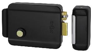 Эл-мех. накладной замок, черный, НЗ, универсальный DIN, цилинр снаружи, кнопка изнутри, питание 12VDC/1А, -40°+50°С, окрашенная сталь.