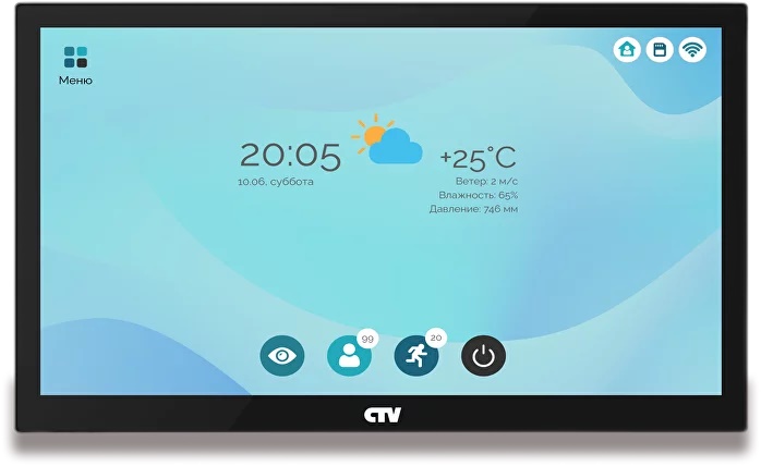 Монитор видеодомофона с технологией Touch Screen для управления работой и параметрами монитора,  IPS 10", 1024х600, до 2 панелей, до 2 видеокамер, SD до 256Gb, поддержка форматов AHD, TVI, CVI и CVBS, встроенный модуль Wi-Fi, поддержка P2P,  моб устройств с ОС Android, iOS. ПО CTV HOME, автоответчик,  функция фоторамки и часов,  встроенный источник питания