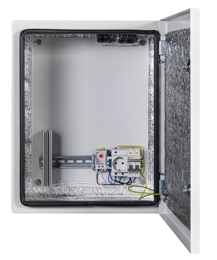 Климатический навесной шкаф, 400х500х220 / 377х477х190 мм, -55°С +50°С, Комплектация: утеплитель из порилекса, замок 2 шт,ключ 1 шт, монтажная плата 1шт, гермовводы 2 шт (MG-25), розетка 1 шт, автоматический выключатель, 6А 1шт, клемма для подключения оборудования 2 шт, клемма заземления 1 шт, термореле 1шт, нагреватель мощностью 75 Вт 1шт.Вес: 10,3 кг. IP 66. Цвет ral 7035 (серый)