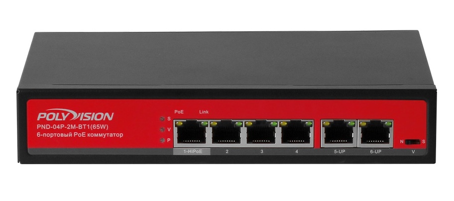 6-портовый неуправляемый коммутатор с функцией PoE; 4*10/100Base-TX PoE port(Data/Power); 2*10/100Base-TX uplink RJ45 port(Data); Полоса пропускания 1.6Гбит/с; MAX 48Вт (AC100-240В); Встроенный БП AC100~240В 50-60Гц 0.6A; -10~+55°C; 5%~90% RH Без конденсата; IP30