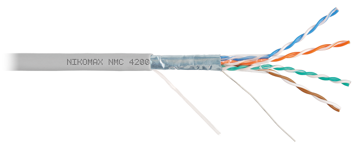 Кабель F/UTP 4 пары, Кат.5e (Класс D), тест по ISO/IEC, 100МГц, одножильный, BC (чистая медь), 24AWG (0,51мм), полимерный материал нг(А)-HF, внутренний, серый, 305м