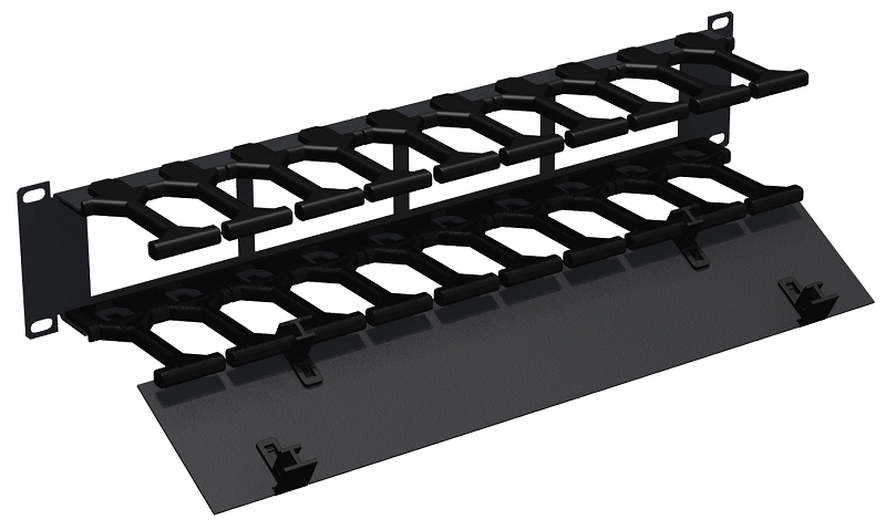 Кабельный органайзер 19", 2U, полезная глубина 100 мм, металлический, с пластиковыми пальцами, с крышкой, черный