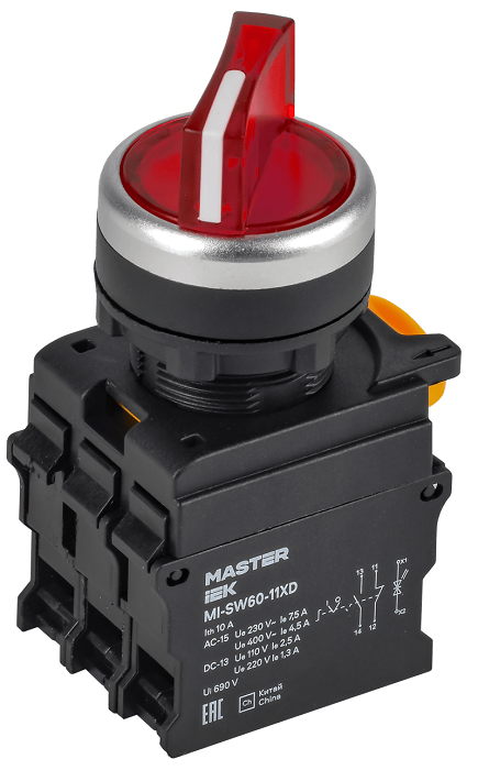 Переключатель с подсв. 2 полож. 1NO+1NC красный MASTER IEK