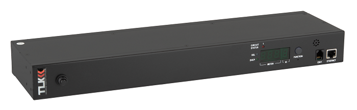 Блок  контролируемых электрических розеток TLK, Серия MN (Monitored) 19", 8 розеток C13, макс. нагрузка 16 А, шнур питания 3 м., вилка С20, цифровое измерение силы тока на входе, счетчик кВт*ч, металлический корпус, макс. мощность 4000 Вт, 432*44,5*118 мм, цвет черный.