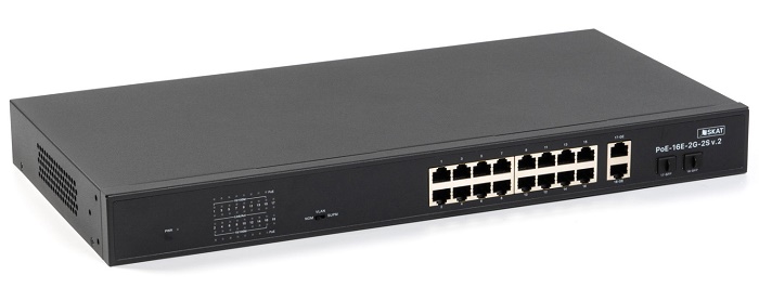 Коммутатор неуправляемый PoE Plus, мощность 300Вт, порты:16-Ethernet, 2-Uplink, 2-SFP