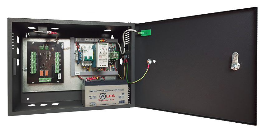 Специализированный шкаф для одной охранной панели AAM-IO-16/2, с установленным внутри источником питания, с замком и датчиком вскрытия корпуса.