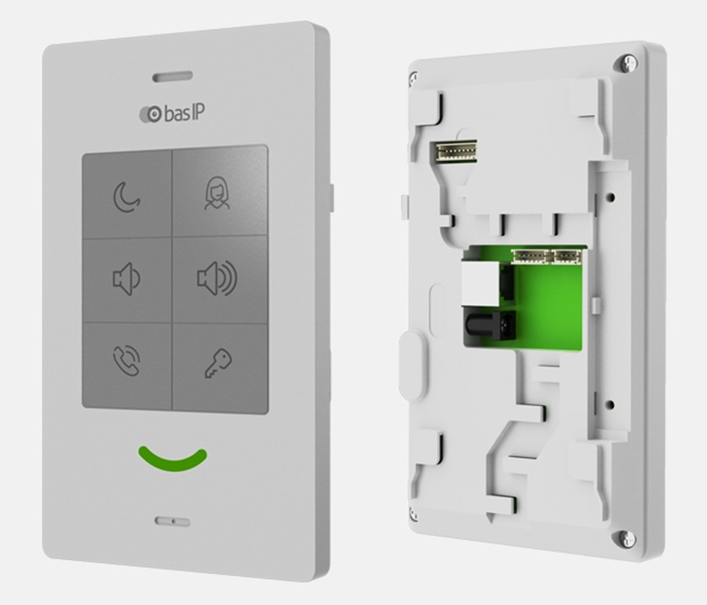 Абонентское IP аудио устройство. Wi-Fi: 2,4 ГГц (IEEE 802.11n). Поддержка SIP, P2P, внутреннего протокола BAS-IP, кнопка для быстрого вызова консьержа, кнопка открытия замка, кнопка режима "Не беспокоить", электронная регулировка громкости, трехцветный световой индикатор состояния и режимов работы устройства. Возможность подключения кнопки звонка. Питание: PoE IEEE 802.3af и +12В. 183×105×28 мм.