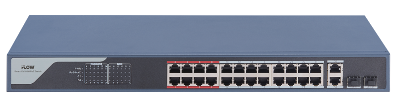 Коммутатор L2, Смарт-управляемый, 24 порта 10/100M RJ45 PoE, 2 гигабитных комбо-порта, 802.3af/at, бюджет мощности PoE 370 Вт, поддержка режима передачи до 300м,10Мб/с, CAT6; защита от перенапряжения 6 кВ; Поддержка унифицированного управления топологией, облачное управление, монтаж в стойку