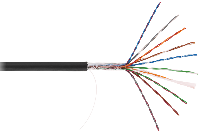 Кабель U/UTP 10 пар, Кат.5 (Класс D), 100МГц, одножильный, BC (чистая медь), внешний, PE до -40C, черный, 305м