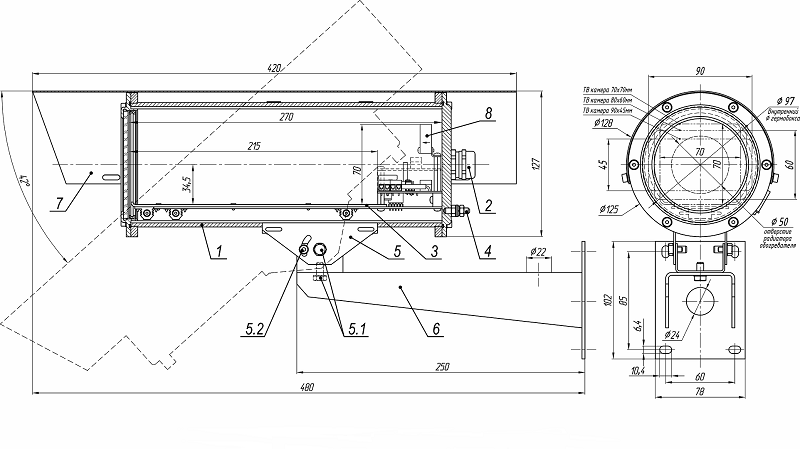 Термокожух для видеокамеры из нержавеющей кислотостойкой аустенитной стали (12Х18Н10Т).&nbsp;&nbsp;IP66/IP68. Рабочий объем 70х70х215 мм. 220В AC. Напряжение питания видеокамеры 12В DC или 220В AC. Мощность обогрева 31/21 Вт. -60°С/-40°С…+50°C. Холодный пуск. Два гермоввода 7-12мм.