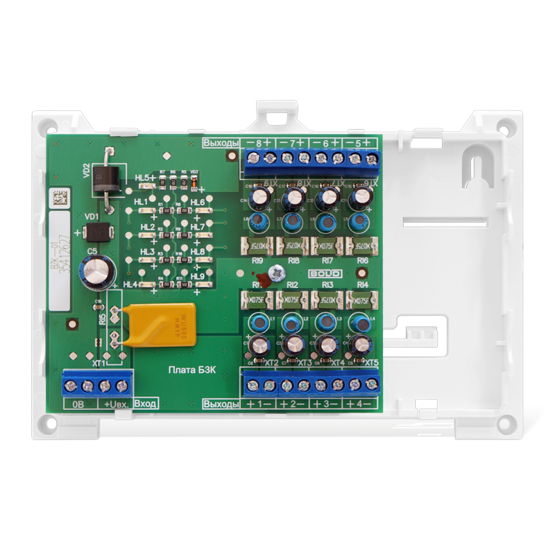 Блок защитный коммутационный для распределения тока от источника питания по 8 каналам. Входное напряжение от 10 до 30 В. Ток по каждому каналу - до 1,0 А. От минус 30 до +50°С