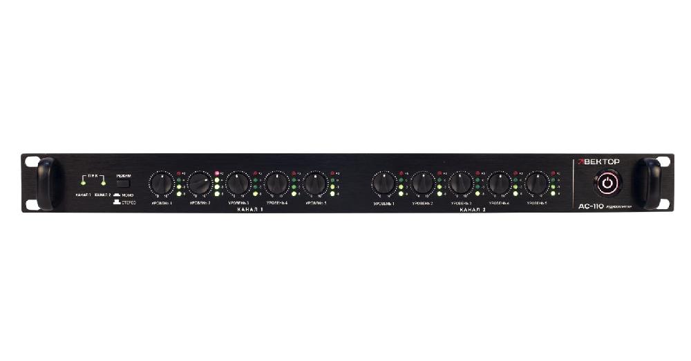 Распределитель аудио сигнала. 2 входа. 10 моно выходов или 5 стерео выходов. Питание 220/230в или 24в. 430х200х44 мм. Вес 3.3 кг.