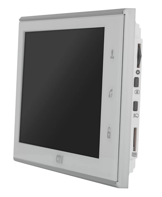 Монитор видеодомофона в компактном корпусе CVBS, белый, Дисплей IPS 7", 1024х600, до 2 панелей, до 2 видеокамер, SD до 32Gb, панель из стекла с сенсорным управлением "Easy buttons", выбор области детекции движения, , встроенный источник питания