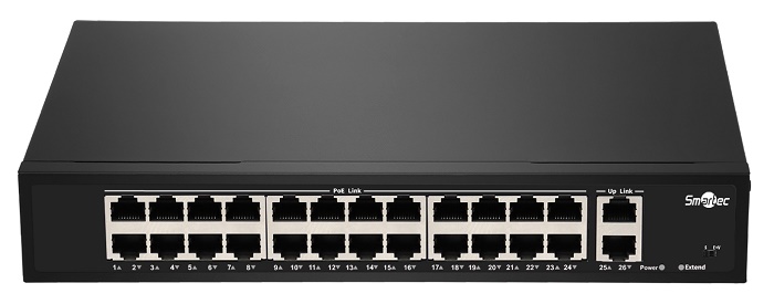 Неуправляемый коммутатор, 24 RJ-45 POE порта (10/100 Мбит/с), 2 RJ-45 Uplink порта (1000 Мбит/с), бюджет на порт до 30 Вт, общий бюджет до 400 Вт.