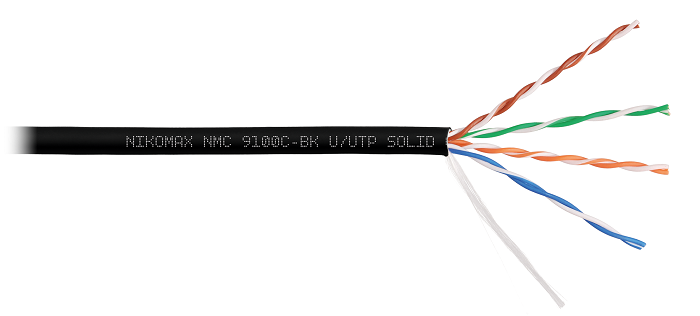 Кабель U/UTP 4 пары, Кат.5e (Класс D), тест по ISO/IEC, 100МГц, одножильный, BC (чистая медь), 24AWG (0,52мм), полимерный материал нг(А)-HF, внутренний/внешний, черный, 305м