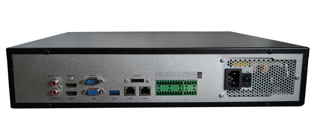 IP видеорегистратор, 16 каналов, Н.264/H.265, разрешение до 8Мп, аудио RCA*1вх/1вых, VGA/2xHDMl, Р2Р, Onvif, трев.вход-16/вых-4, 2 USB 2.0, HDD - 8 SATA до 8T6, 1 х eSATA, <br />
2хRJ-45 10/100 /1000, RS485, RS232, Rack mount 2U