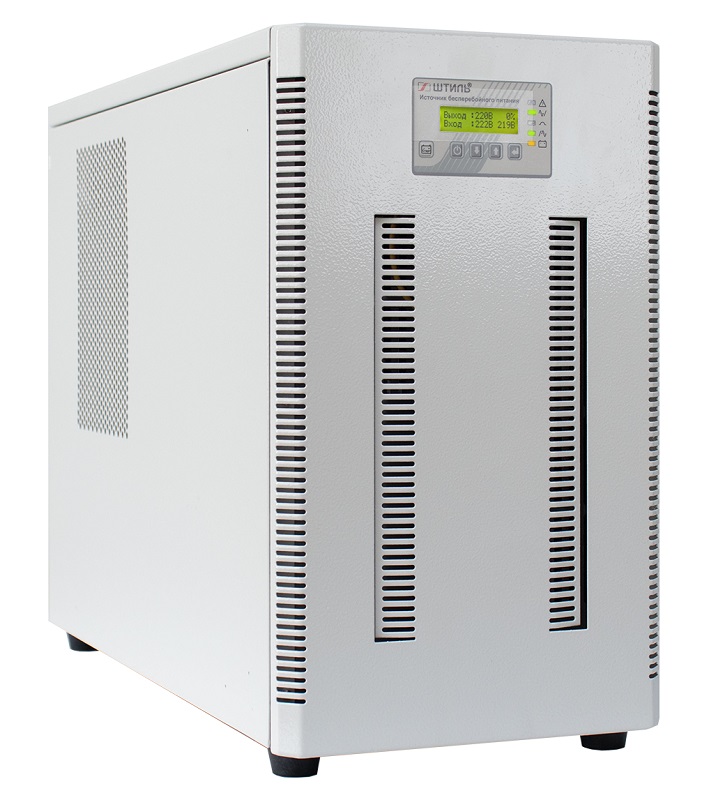 Источник бесперебойного питания напольный, on-line (с двойным преобразованием), чистая синусоида, 10000 ВA (8000 Вт); U-вх.220 В; под внешние аккумуляторы, U-акб.192 В, I-заряд.1…4 А; ЖК-дисплей; клеммное подключение (L, N, PE); холодный старт, совместим с генератором; IP20, t-раб.+5...+40°C, 438х250х572 м
