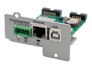 SNMP-модуль для настройки и удаленного мониторинга однофазных ИБП Штиль серий ST, SR, SW, STR мощностью 1 - 10 кВА и инверторных стабилизаторов напольного/стоечного исполнения; интерфейсы: Ethernet, USB, «сухие» контакты, RS-485; протоколы: Web, SNMP, NTP, Modbus TCP, SMTP, Штиль; уведомления trap-сообщения, e-mail; IP20, t-раб. +5...40°C, габ.размеры 40х68х65 мм