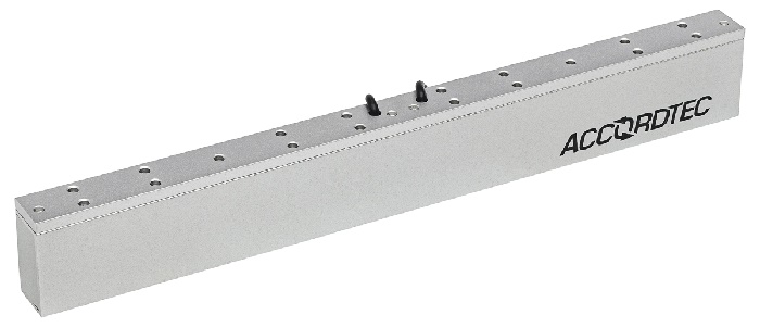 Электромагнитный замок сдвоенный IP67, 12V DC, 0,3 A, усилие 2*180 кг,  340x37x21 мм. 2200 г., офисный дизайн, планка в комплекте. -40°С…+40°С