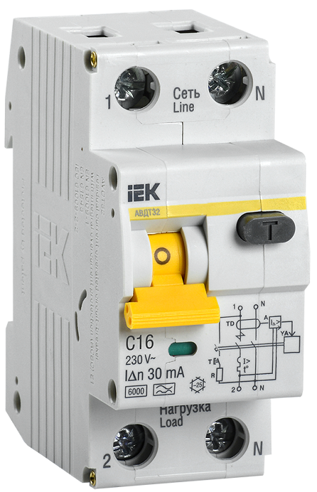 Автоматический выключатель дифференциального тока (Дифавтомат) АВДТ-32 1п+N 16А 30мА С (Электронный), KARAT IEK