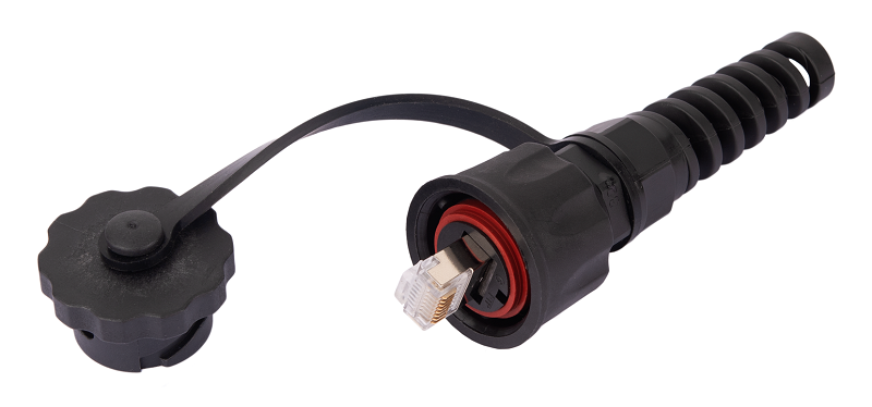 Индустриальный коннектор RJ45/8P8C, Кат.6 (Класс E), 250МГц, покрытие 50мкд, экранированный, IP67, для одножильной витой пары, с защитной крышкой, черный