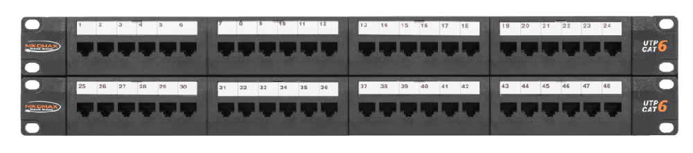 Коммутационная панель 19", 2U, 48 портов, Кат.6 (Класс E), 250МГц, RJ45/8P8C, 110/KRONE, T568A/B, неэкранированная, с органайзерами, черная