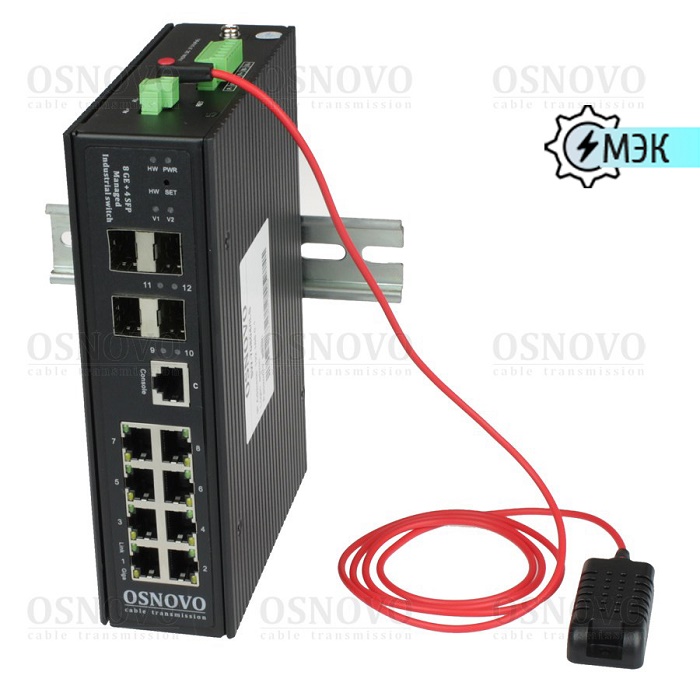 Промышленный управляемый (L2+) коммутатор Gigabit Ethernet на 8GE RJ45 + 4 GE SFP порта с функцией мониторинга температуры/ влажности/ напряжения. Порты: 8 x GE (10/100/1000Base-T) + 4 x GE SFP (1000Base-X). Уровень управления L2+. Встроенная система мониторинга температуры/ напряжения + внешний датчик температуры/ влажности. Поддержка ПО OSNOVO Monitoring System.
