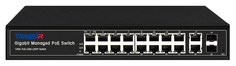 Управляемый коммутатор с 16 PoE портами (10/100/1000 Мбит/с Base-TX PoE port) и 2 SFP портами и 2 RJ-45 Uplink ports, стандарты PoE EEE802.3af, EEE802.3at, EEE802.3bt максимальная мощность на порт 60Вт, общая - 300 Вт. Максимальная потребляемая мощность 300 Вт. Молниезащита, IP30. -20...+55ºС. 295x195x45.