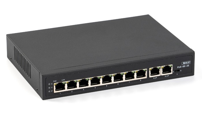 Коммутатор неуправляемый PoE Plus, 8 PoE портов (10/100 Мбит/с)<br />
Uplink: 2хRJ-45 порта (10/100 Мбит/с), мощность 120Вт, Грозозащита: 6 кВ