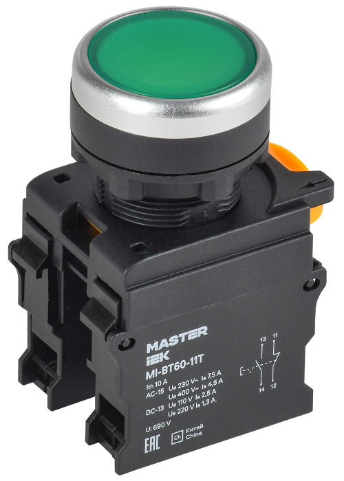 Кнопка с фиксацией d=22мм 1NO+1NC зелёная MASTER IEK