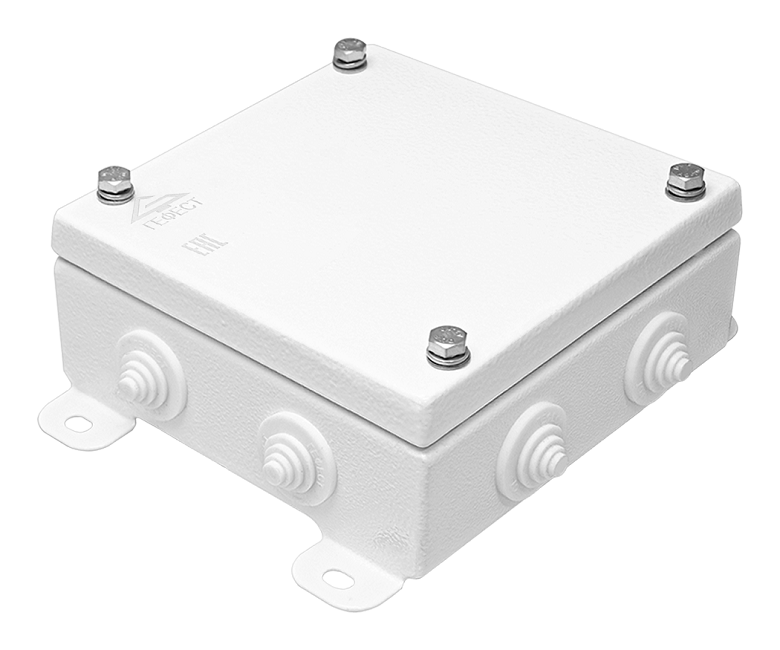 Коробка монтажная огнестойкая IP55, 8 вводов,&nbsp;&nbsp;фарфоровый клеммник 16 контактов до - 3 мм кв., 150х150х60 мм, Сталь оцинкованная 1,2 мм с полимерным покрытием (белый)